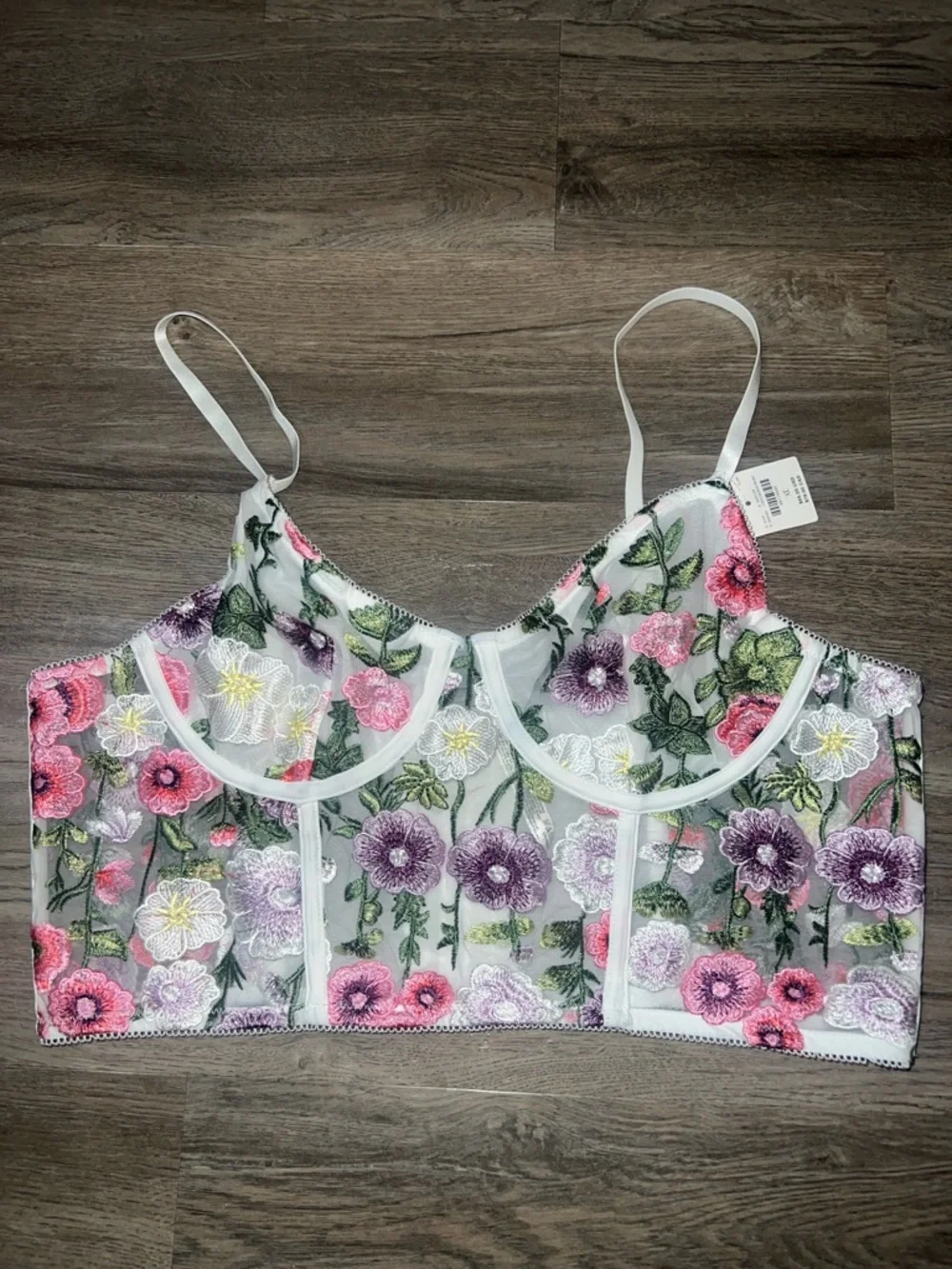 Anthropologie Sheer Bralette with Pink Floral Embroidery nwt xl - Picture 2 of 3